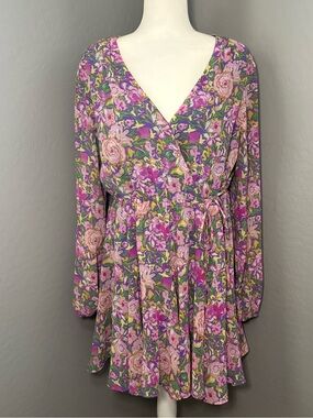 Lush Purple Floral Wrap Dress with Tie Waist